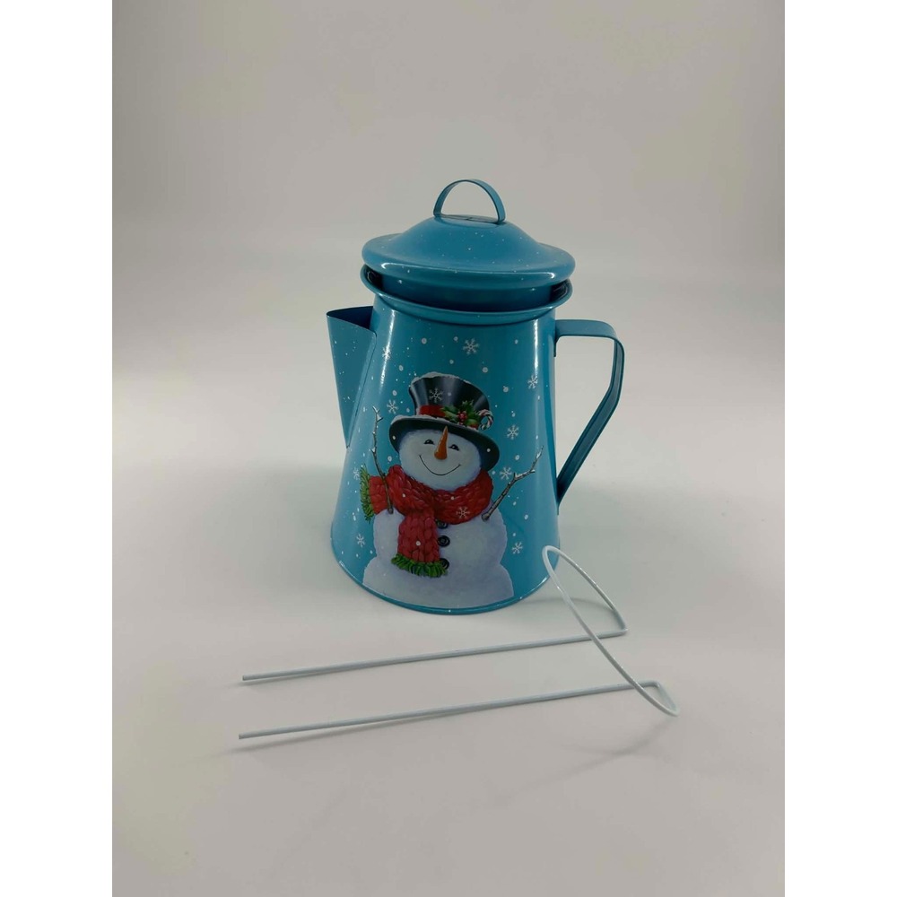 Teleflora Metal Coffee Pot Canister Snowman Winter Decor Blue Holiday New